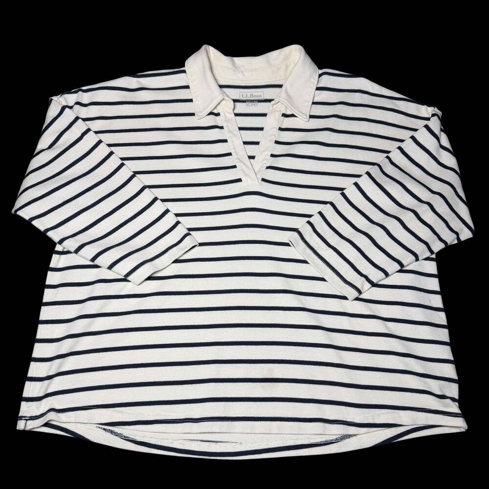 L.L. Bean Women's Heritage Mariner Top Split-Neck Polo 3/4 -Sleeve Stripe XL-PET